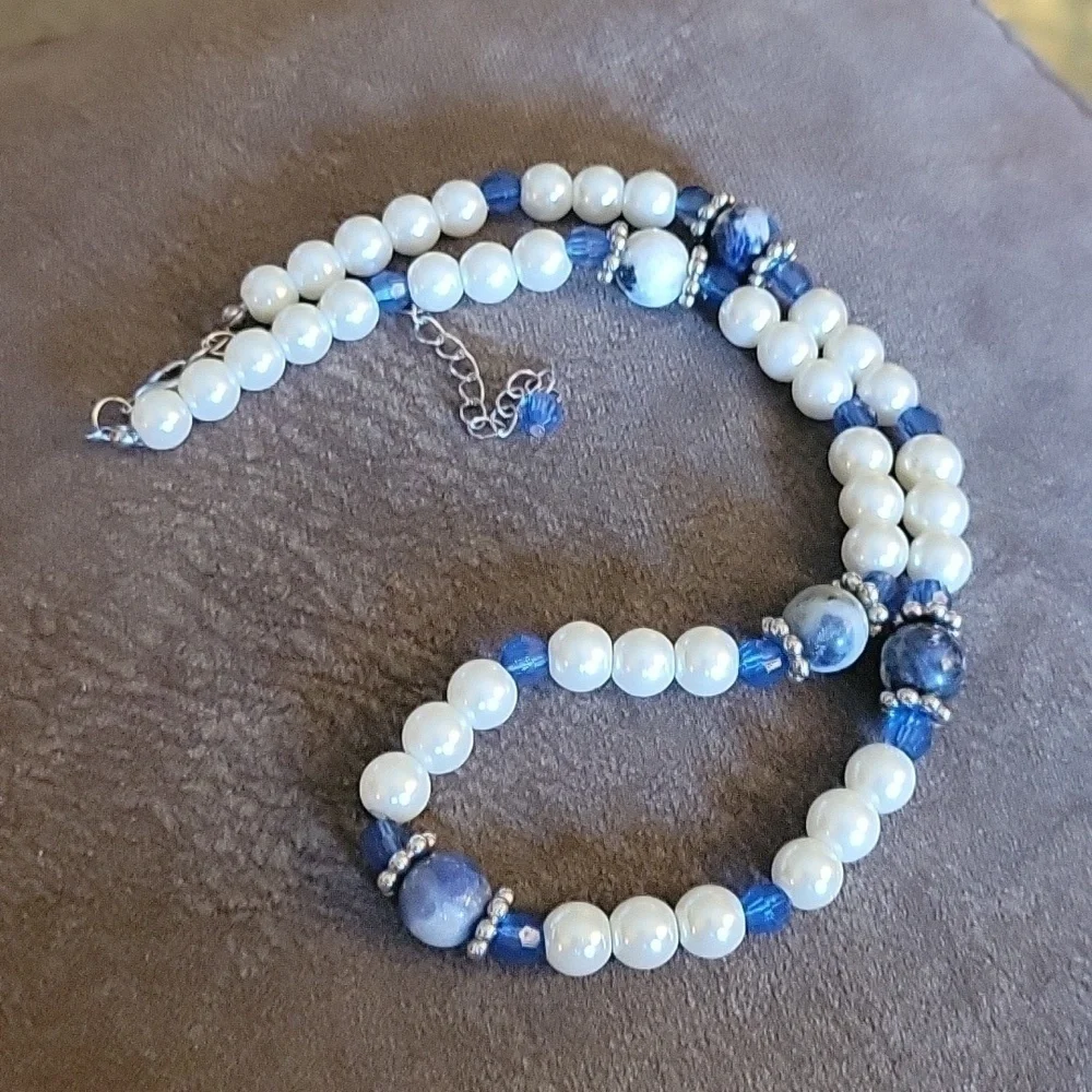 3/$30 Faux Pearl Blue Stone Beaded Bridal Necklace